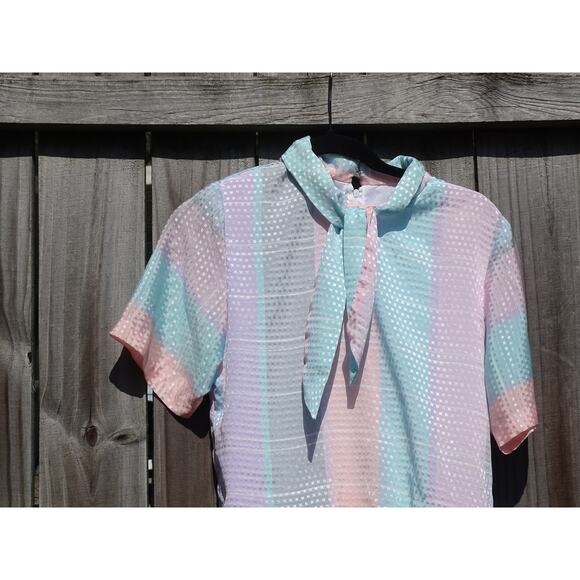 Vtg 80s Algo Pastel Plaid Stripe Midi Dress Tie Collar Retro New Wave Aesthetic - Picture 2 of 9